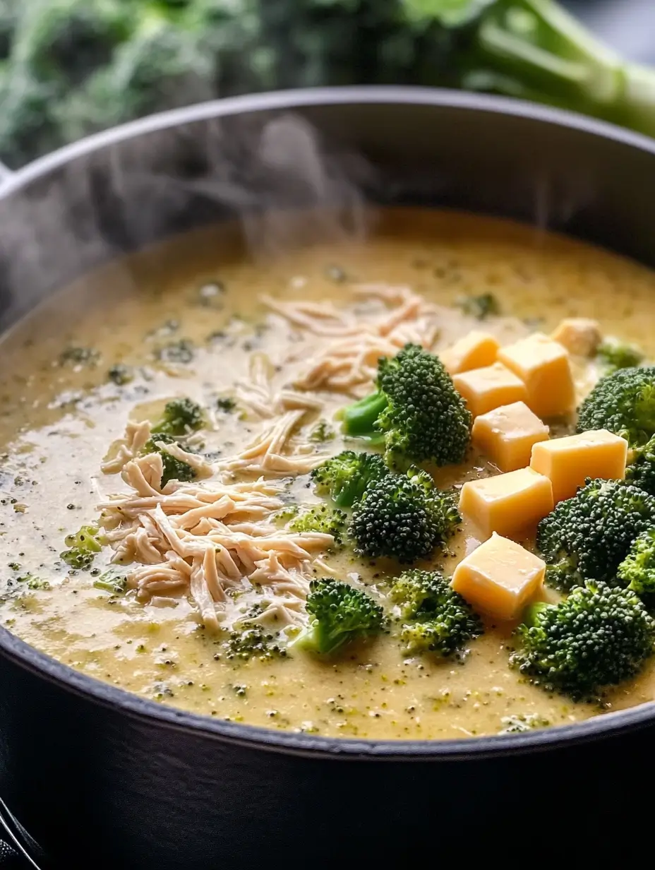 Velveeta broccoli cheese soup being prepared with added shredded rotisserie chicken, showcasing a hearty and creamy homemade meal.