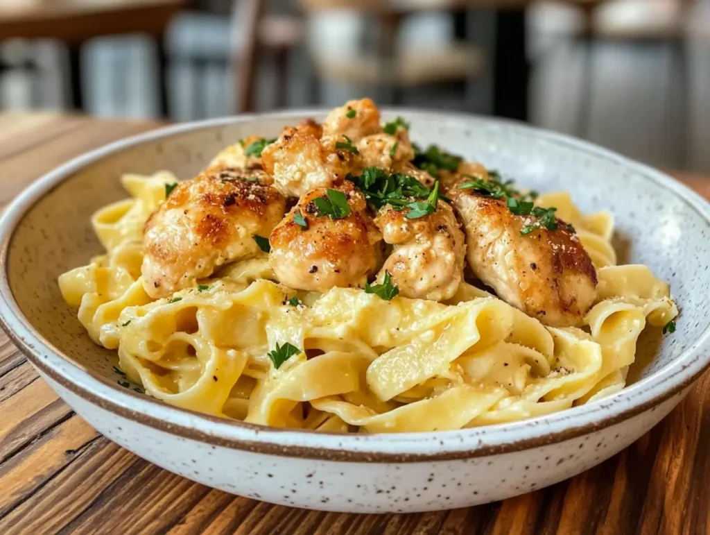 A delicious plate of marry me chicken pasta recipe featuring creamy garlic-Parmesan sauce, seared chicken, and fettuccine pasta garnished with fresh parsley.