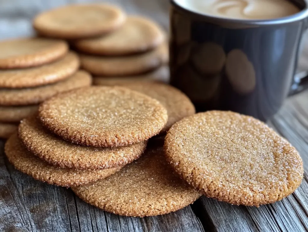 Freshly baked Biscoff cookies arranged on a rustic wooden table with a steaming mug of coffee,showcasing the final result of the Biscoff cookie recipe.