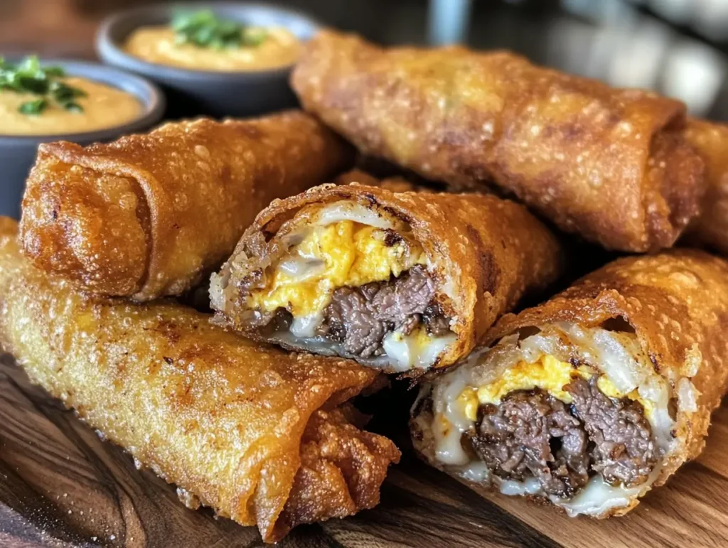 Golden-brown steak and cheese egg rolls sliced in half, revealing melted cheese and savory steak filling, served with dipping sauces.