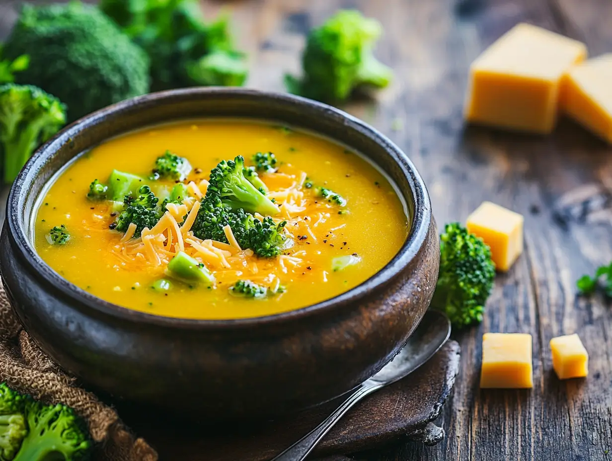 A warm bowl of Velveeta broccoli cheese soup garnished with cheese and broccoli, surrounded by fresh ingredients on a rustic table.