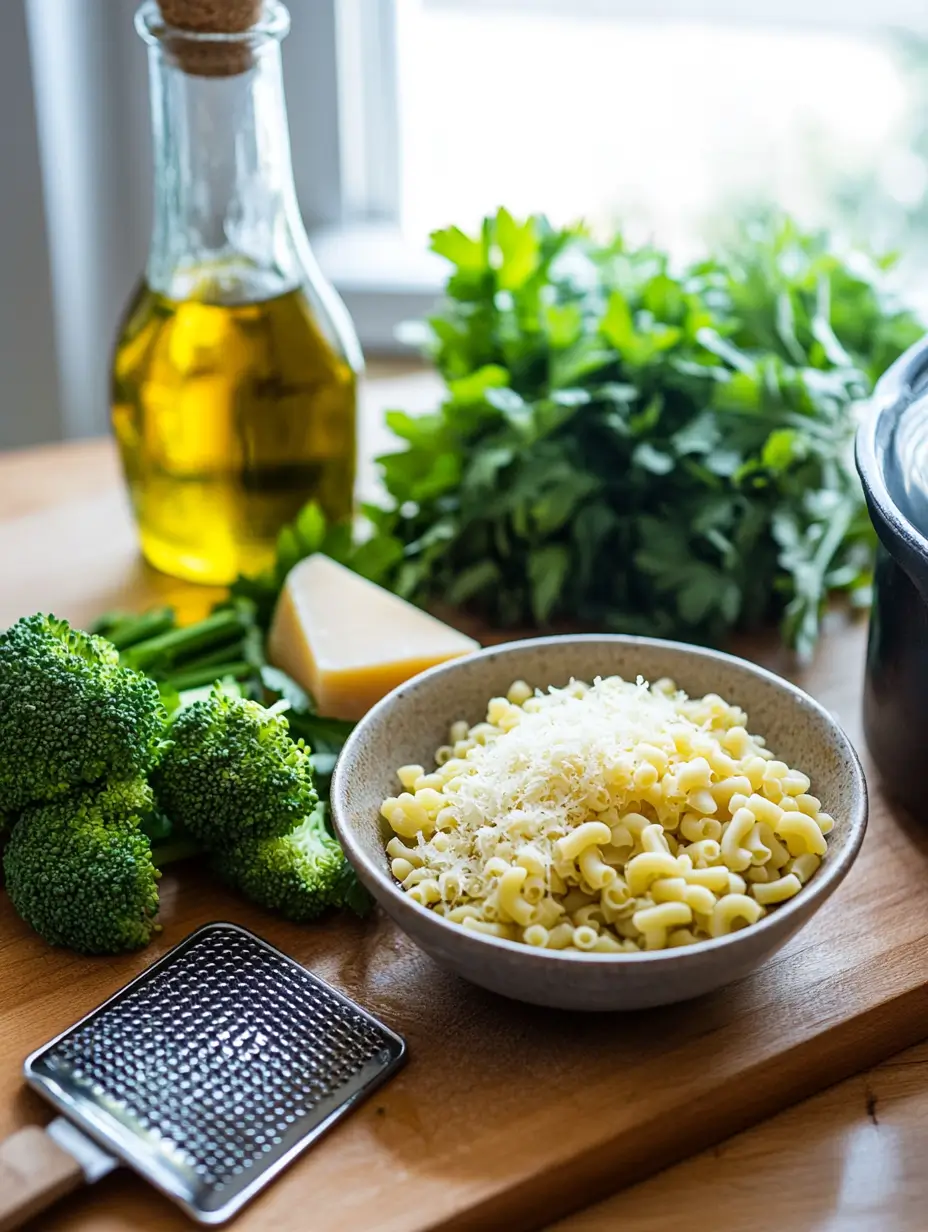 A casual layout of Italian Pastina Soup ingredients on a wooden countertop, including a small bowl of uncooked pastina pasta, fresh broccoli florets, a wedge of Parmesan cheese with a grater, a sprig of parsley, a bottle of olive oil, and a ladle. Natural daylight softly illuminates the scene, creating a warm and inviting atmosphere.