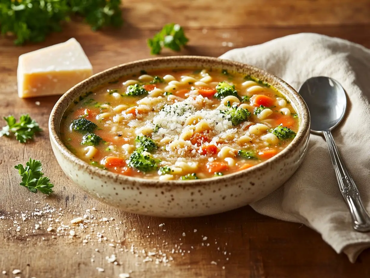 A warm, close-up view of a bowl of Italian Pastina Soup, featuring tiny pasta, tender broccoli florets, and a sprinkle of grated Parmesan cheese on top. The bowl rests on a rustic wooden table with parsley leaves and a small block of Parmesan nearby, evoking a cozy, homemade feel.