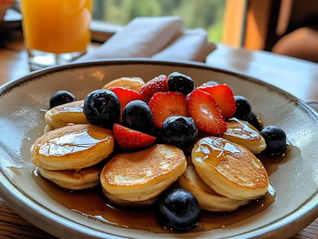 A stack of fluffy mini pancakes topped with fresh blueberries, strawberries, and maple syrup, perfect for a delicious breakfast.