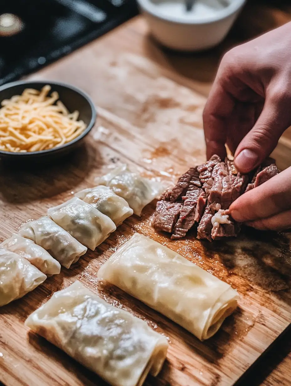 Preparation of steak and cheese egg rolls with sliced steak, shredded cheese, and wrappers on a wooden countertop during the rolling process.