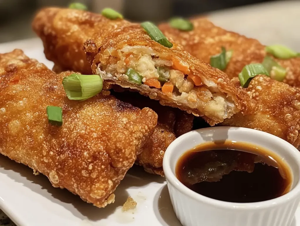 Freshly made veggie egg rolls served on a white plate with soy sauce and green onion garnish, highlighting a delicious veggie egg roll recipe.