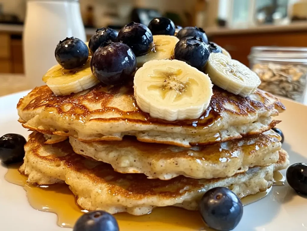 A stack of banana porridge pancakes topped with fresh banana slices, honey, and blueberries, served on a rustic white plate.