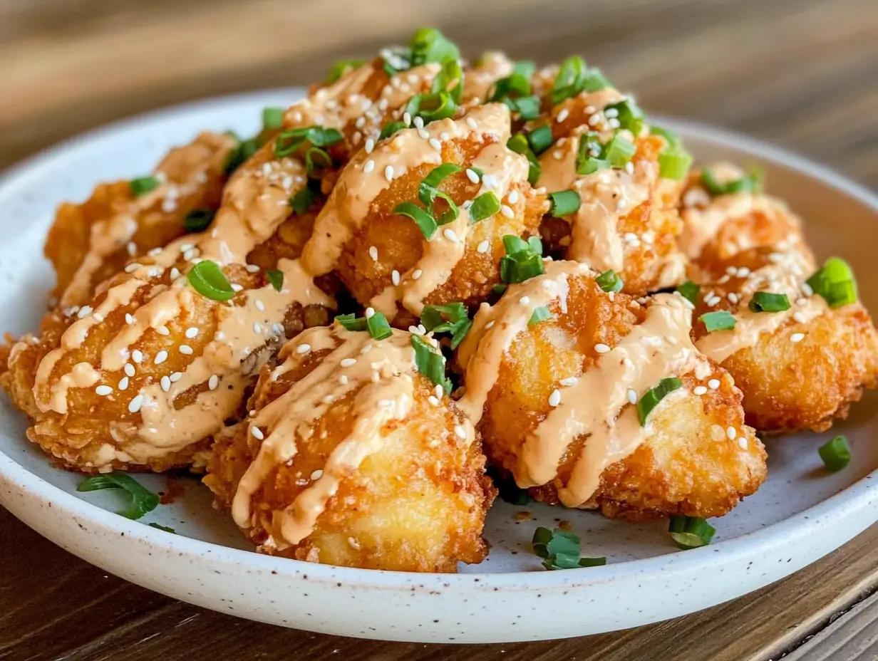 Final dish of Bang Bang Chicken on a white plate, featuring crispy chicken bites drizzled with creamy, spicy sauce and garnished with green onions and sesame seeds