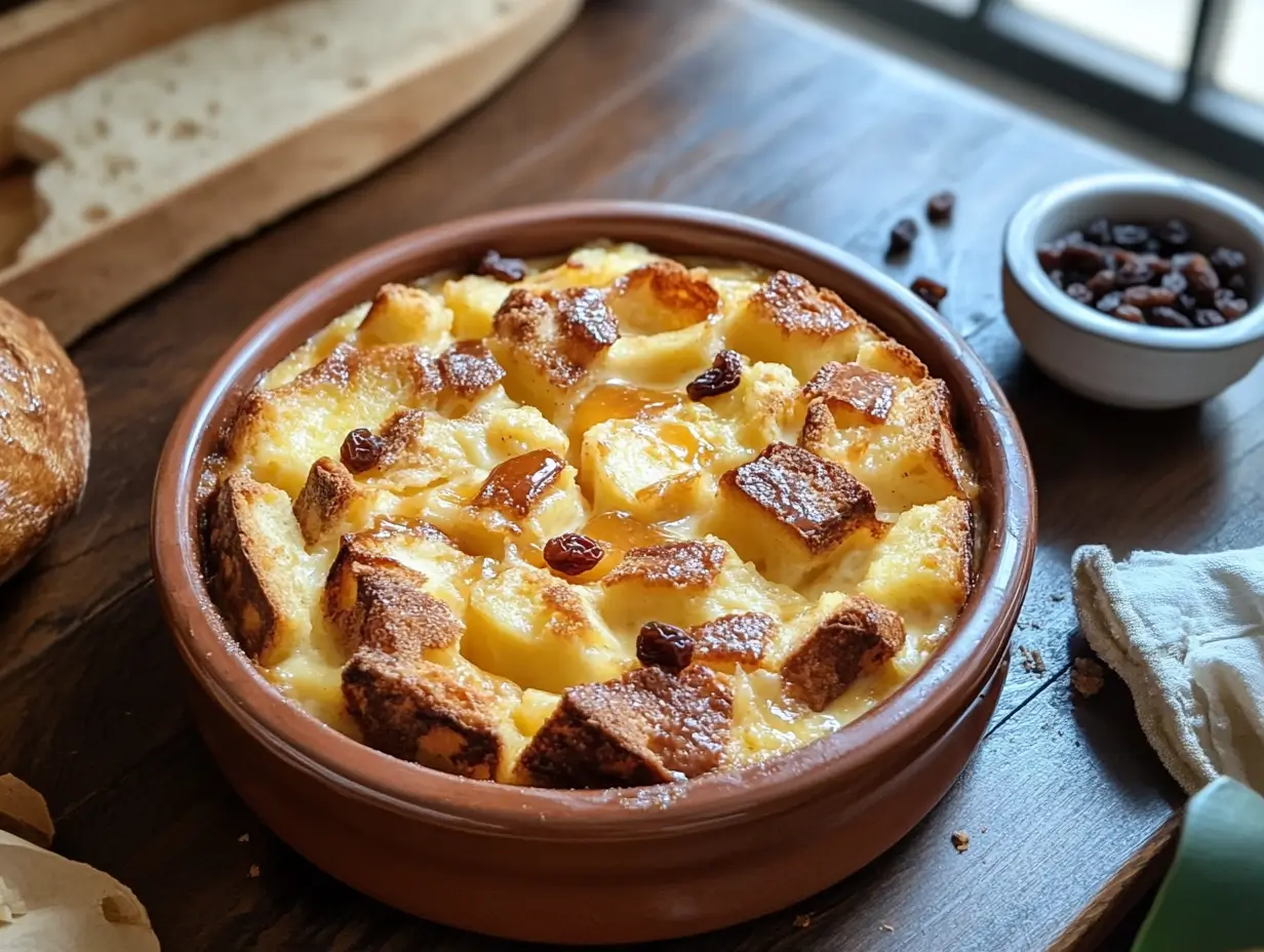 Freshly baked Old Fashioned Bread Pudding in a rustic ceramic dish, topped with caramel sauce on a wooden table.