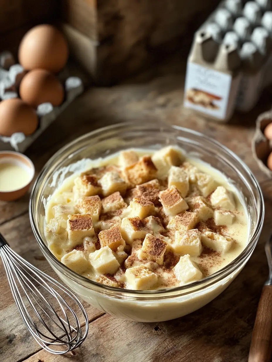 Preparation of Old Fashioned Bread Pudding with bread cubes soaking in custard, surrounded by cinnamon, eggs, and a whisk.