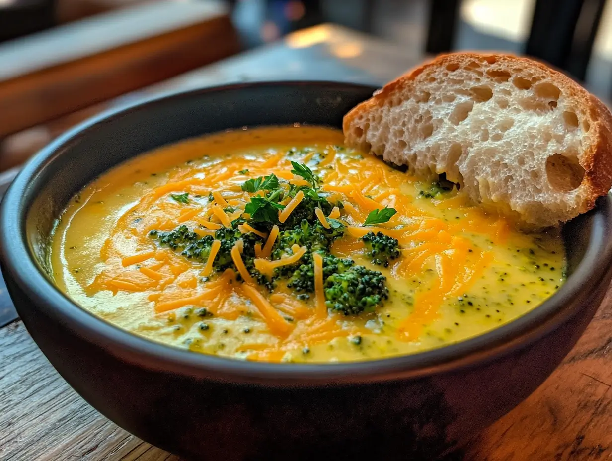 A warm bowl of broccoli cheese soup made in the Instant Pot, featuring fresh broccoli chunks and melted cheddar cheese, served with crusty bread on a rustic wooden table.