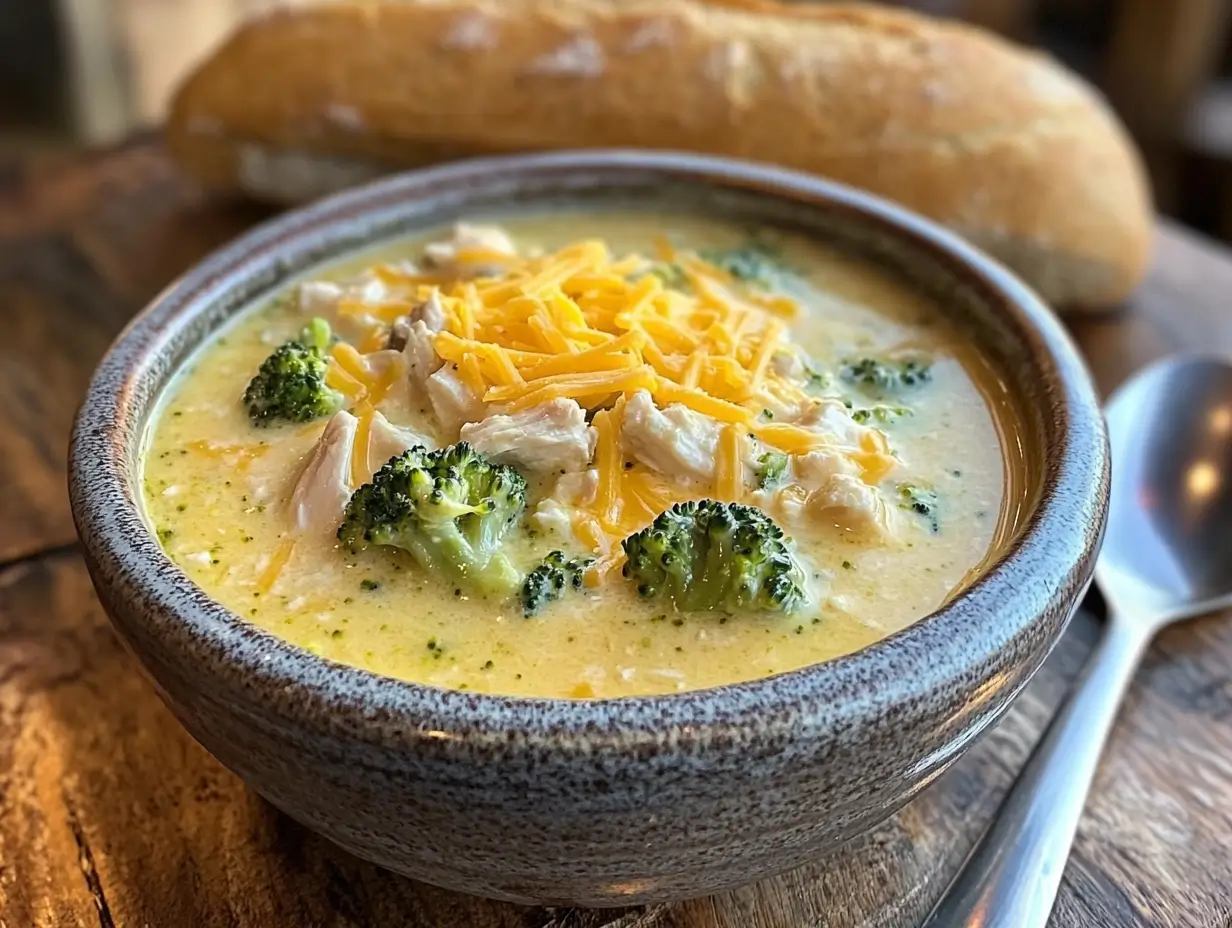 A bowl of creamy chicken broccoli cheese soup topped with melted cheese and served with crusty bread on a rustic table.