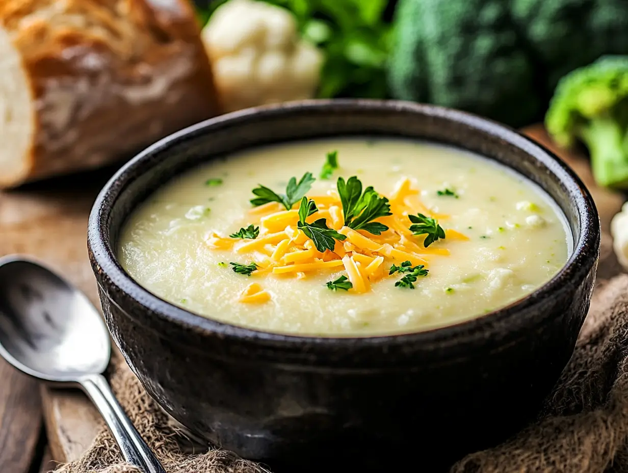 A bowl of creamy broccoli cheese cauliflower soup topped with cheddar cheese and parsley, served with crusty bread on a rustic table.