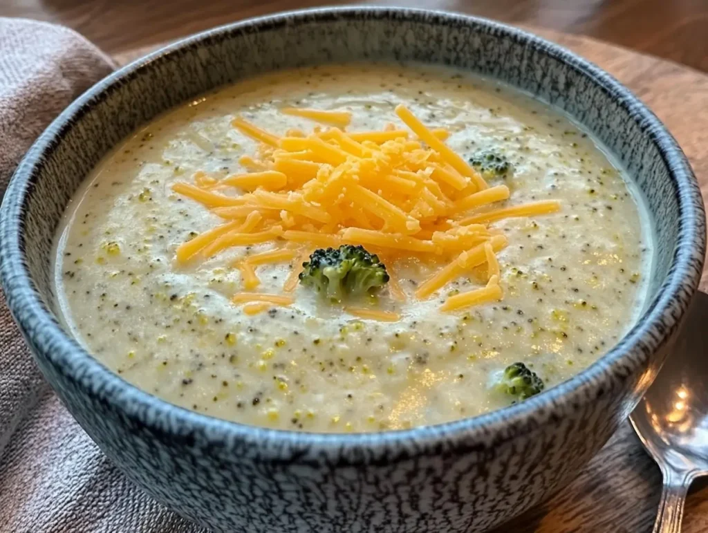 A bowl of creamy low carb broccoli cheese soup topped with shredded cheddar cheese and broccoli florets on a rustic table.