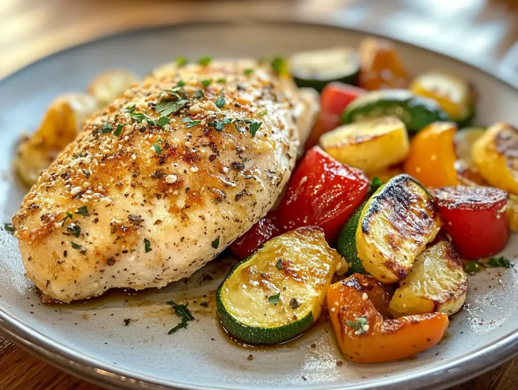 Baked chicken breast with a golden parmesan crust and roasted vegetables, perfect for Weight Watchers chicken recipes.