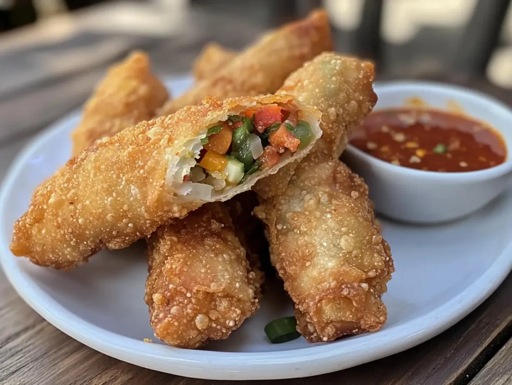 Golden, crispy gluten free egg roll wrappers filled with colorful vegetables, served with sweet chili sauce on a white plate.