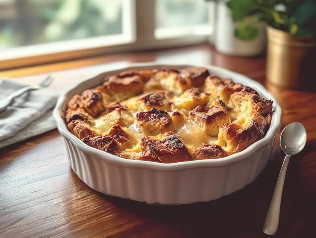 Golden-brown bread pudding topped with rich rum sauce in a rustic baking dish, showcasing the final result of the recipe.