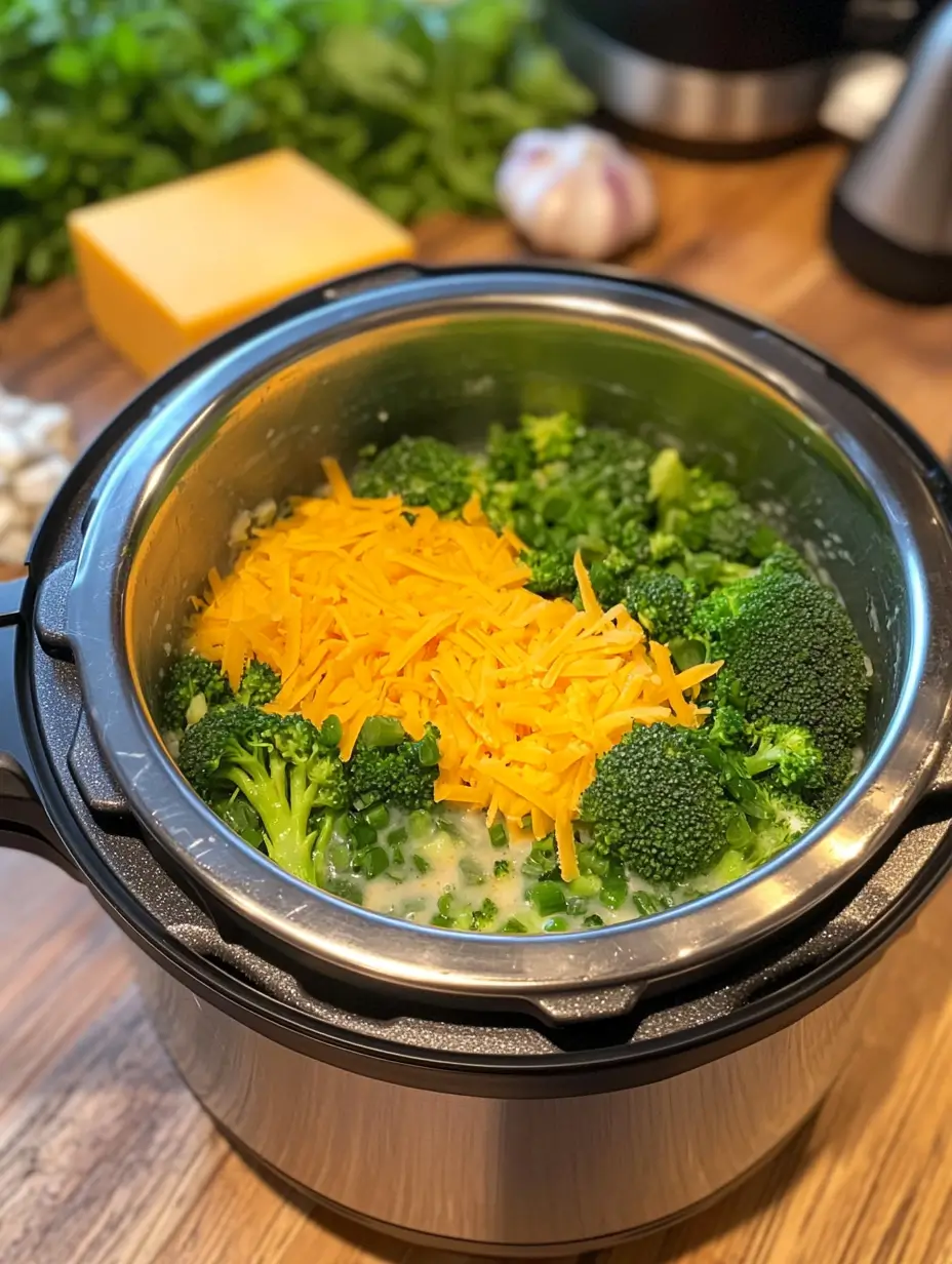 Fresh ingredients for broccoli cheese soup in an Instant Pot, including chopped broccoli, shredded cheddar cheese, and creamy broth, ready to cook.