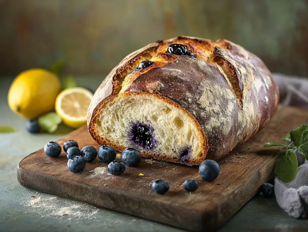 Freshly baked lemon blueberry sourdough bread with golden crust, visible blueberries, and lemon zest on a rustic wooden board.