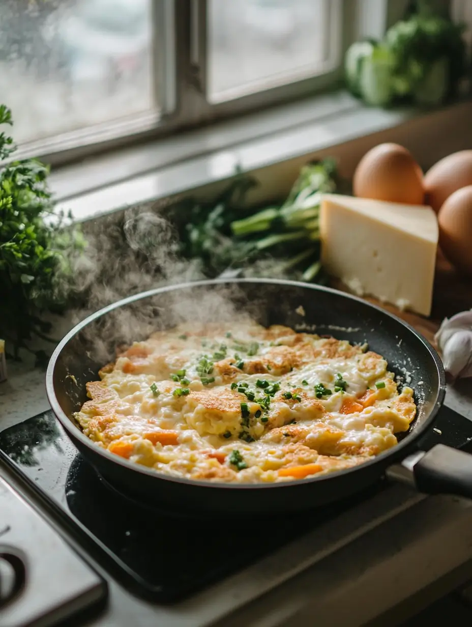 Skillet of savory scrambled pancakes with melted cheese and fresh herbs, highlighting a unique twist on the breakfast favorite.