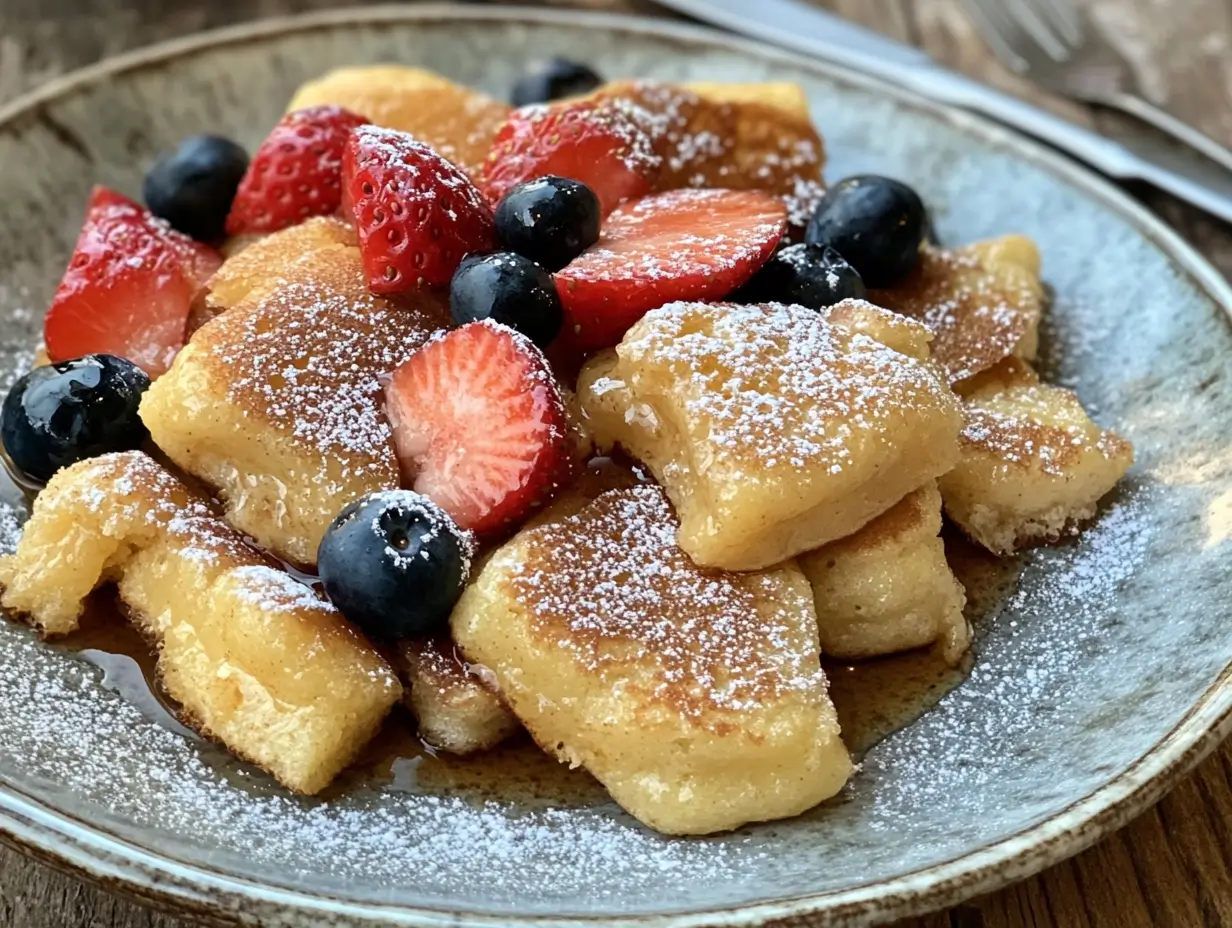 Plate of golden scrambled pancakes with maple syrup, fresh strawberries, and blueberries, showcasing a delicious breakfast trend.