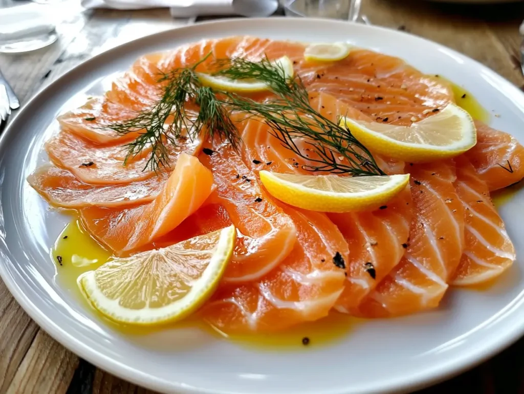 Final dish of smoked salmon prepared using a smoked salmon brine recipe, garnished with dill and lemon on a rustic table.