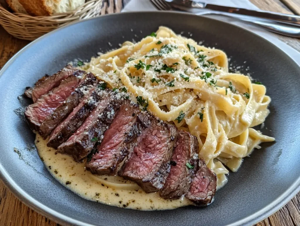 Plated steak and pasta with creamy Alfredo sauce, garnished with parsley and Parmesan, showcasing a delicious steak and pasta recipe.