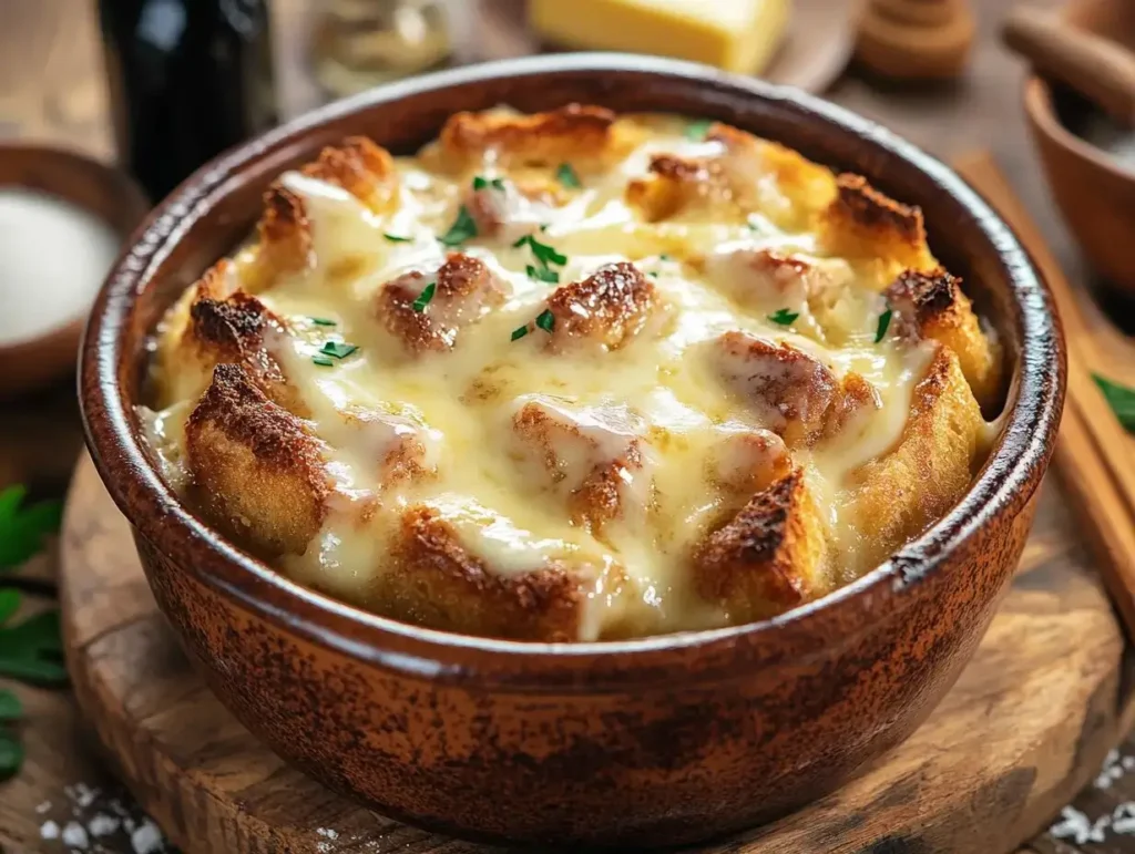 Close-up of bread pudding topped with creamy vanilla sauce, served in a rustic ceramic bowl with fresh, homemade ingredients.